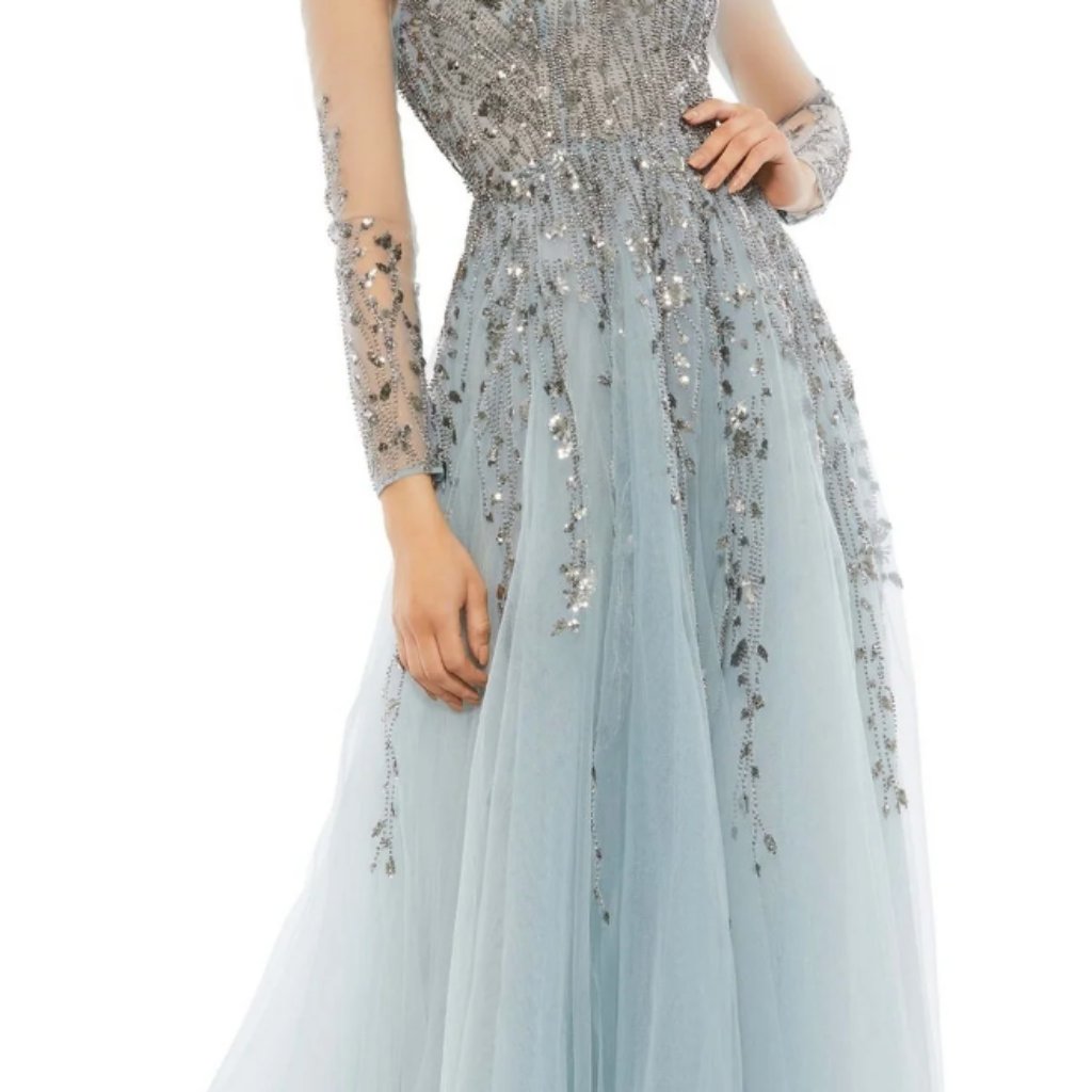 Mac Duggal Illusion Long Sleeve Tulle Ball Gown In Platinum /Sz18